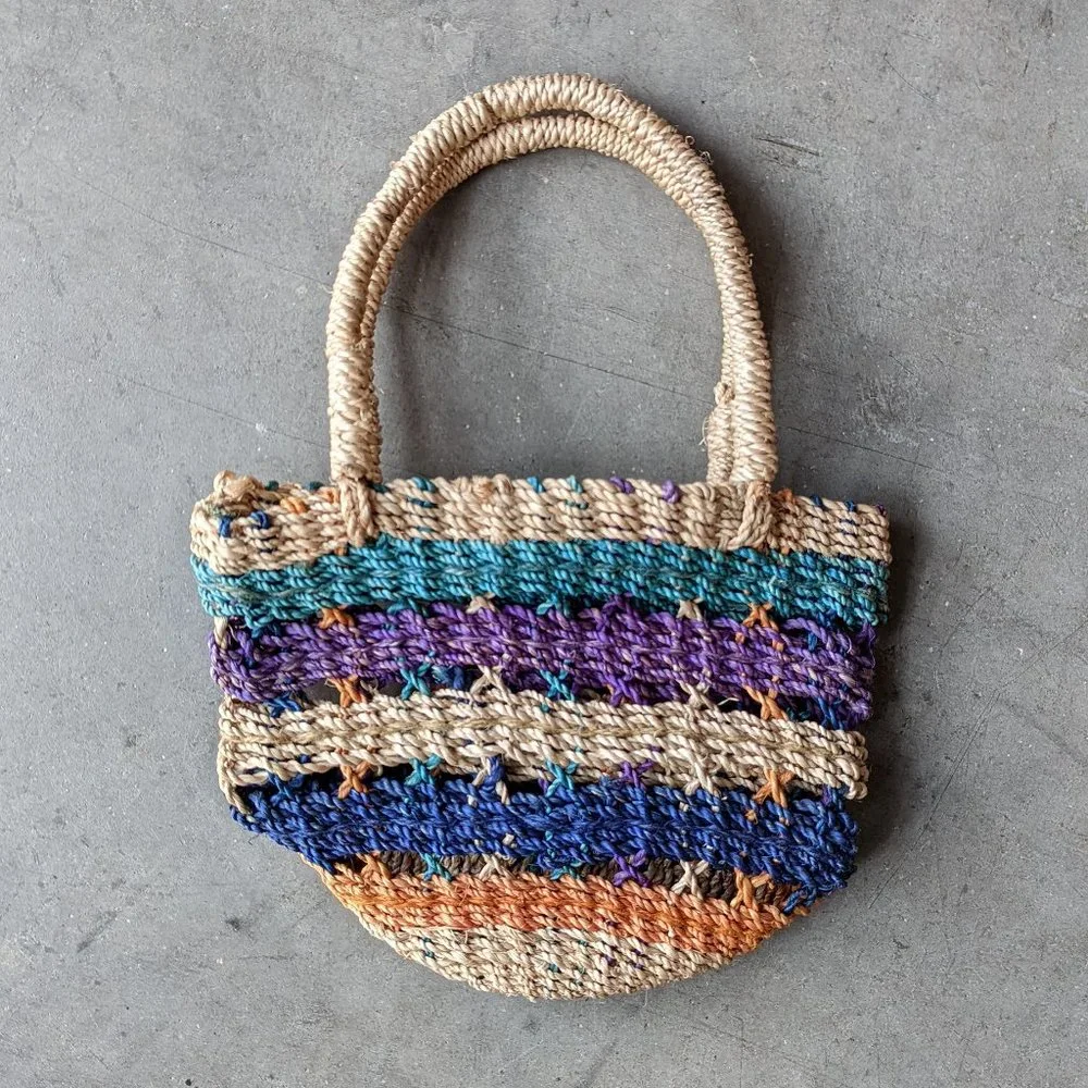 Vintage Colorful Stripe Woven Wicker Straw Mini Tote Raffia Bag